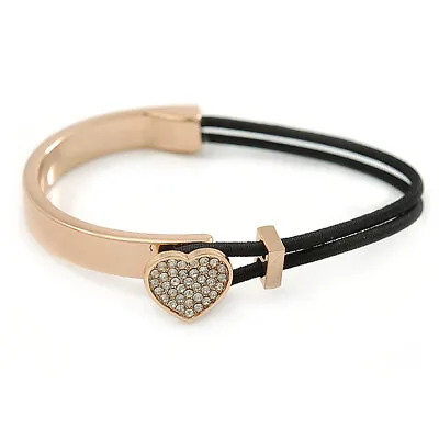 £15.50 • Buy Clear Crystal Heart Bangle Bracelet With Black Silk Stretch Cord In Gold Tone -