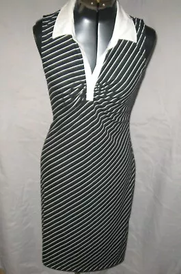 VINTAGE Y2K MY MICHELLE Black White Dress Stripe Polo Ruched Pencil Dress S XS • $18.99