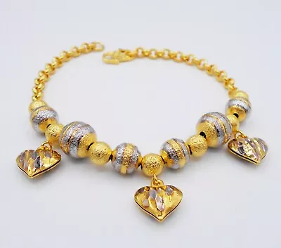 $37.67 • Buy Beaded Heart Bracelet Dangle 22K Thai Baht Yellow Gold Plated Jewelry For Her