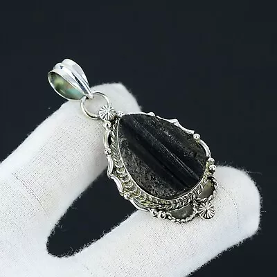 Black Tourmaline  Gemstone Pendant Handmade 925 Sterling Silver Pendant For Her • $14.99