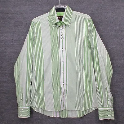 7Camicie Button Up Shirt Mens L SLIM Fit Green Striped 100% Cotton Long Sleeve • $4