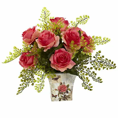 Nearly Natural Rose & Maiden Hair W/Floral Planter Flower Home Decor Dark Pink • $56.12