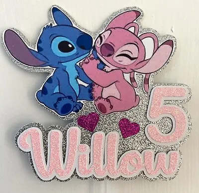 Stitch & Angel Cake Topper Personalised Name & Age Backed In Glitter Card • £5.99