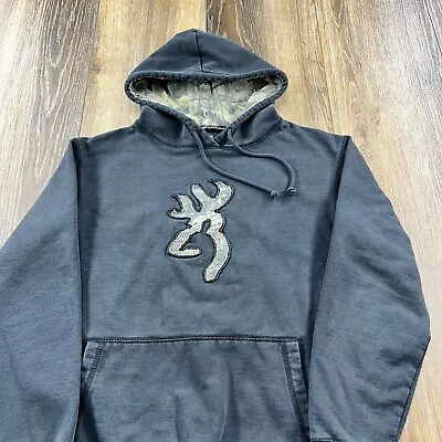 Vintage Browning Hoodie Mens S Black Sweatshirt Deer Hunting Camo Logo Sweater • $29.96