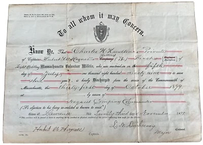 $19.99 • Buy Original Massachusetts Volunteer Militia Discharge Certificate 