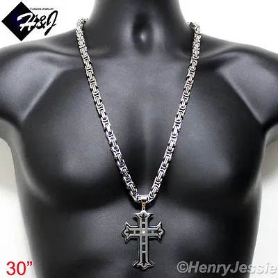 30 MEN Stainless Steel 9mm Silver Byzantine Box Link Chain CZ Cross Pendant*L5 • $39.99