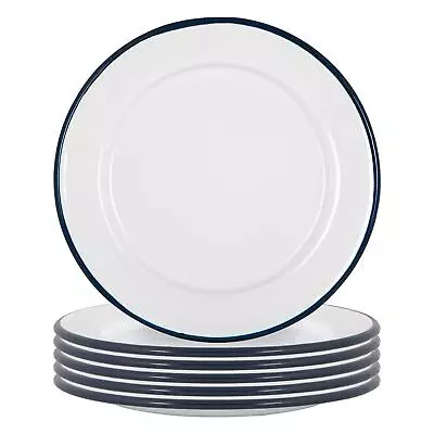 6x White Enamel Side Plates Metal Outdoor Camping Food Dishes 20cm Navy • £16