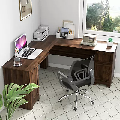 Corner Computer Desk 66.5  L Shaped Home Office Desk Keyboard Tray Walnut • $299.98