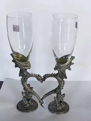 2 Vtg 90s Fellowship Foundry Pewter& Glass Dragon Heart Toasting Goblets Glasses • $256.05