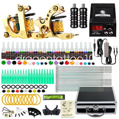 Dragonhawk Tattoo Kit Machine Guns Color Inks Power Supply Needles Grip Tips Box • $44.95