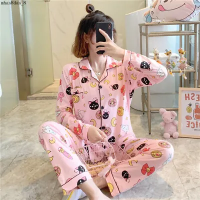 New! Sailor Moon Moon Cat Print Pajama Set Women's Pink Shirt Pants Pajamas • $46.19