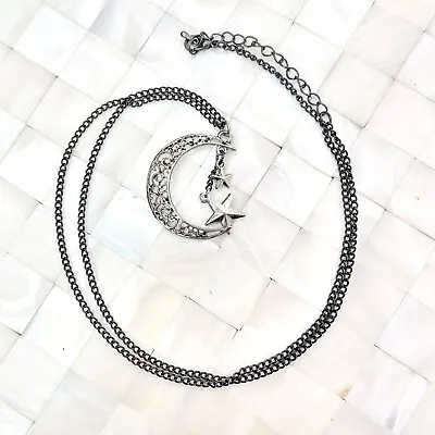 Crescent Moon & Stars Pendant Necklace Chain The Vintage Strand Lot #0064 • $10.19