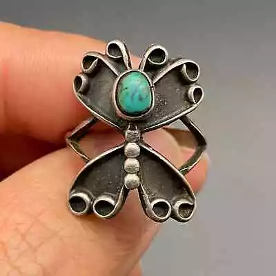 Vintage Southwestern Turquoise Butterfly Silver Ring Size 7 • $145