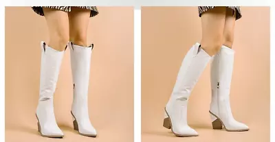 White Knee High Cowboy Boots For Women With Pull-Up Tabs Thigh High Western Boot • $52