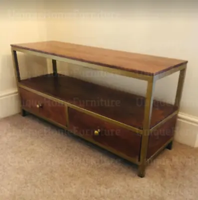 Industrial Style TV Stand Vintage Walnut Cabinet Metal Storage Drawer Shelf Unit • £139.90