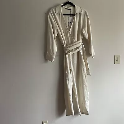 Zara Women M Oyster White Buckle Belted Long Sleeve Surplice Modern Jumpsuit NWT • $31.49