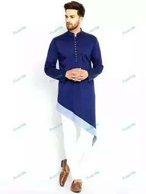 Mens Kurta Blue Cotton Mens Shirt Long Fashion Kurta Mens Kurta Handmade Shirt • $18.04