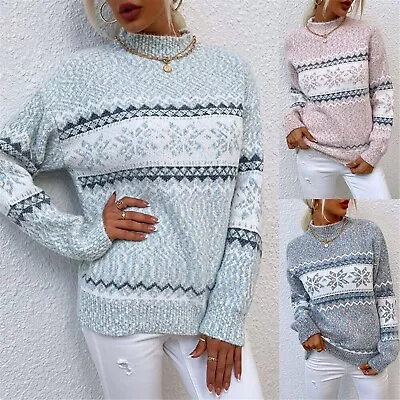 Ladies Chunky Knitted Christmas Snowflake Jumper Pullover  Sweater Tops • $29.44