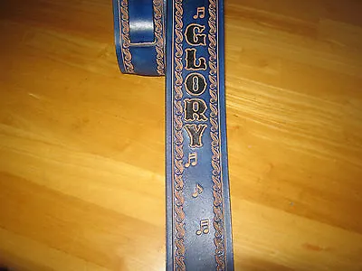 Custom Made Leather Guitar Strap With Your Name/ Music Notes 2 1/2  Wide (blue) • $75