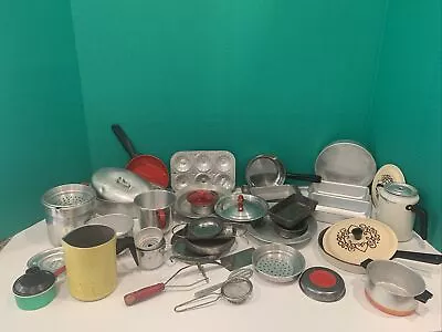 Large Vintage Lot Of Tin Metal CHILDREN'S DISHES COOKWARE PANS POTS UTENSILS • $32.80