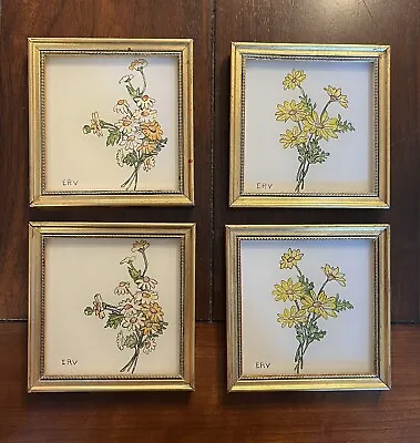 Vintage Tinsel Foil Reverse Painting Set Of Flowers In Metal Frames Signed ERV • $45