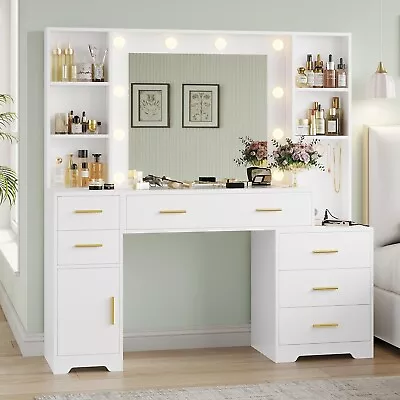 48.8'' Large Vanity Desk With Lighted Mirror & Power Outlet Makeup Vanity Table • $239.97