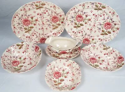 Lot 7 Serving Pieces Johnson Brothers Rose Chintz Hand Engraved Made In England • $74.99