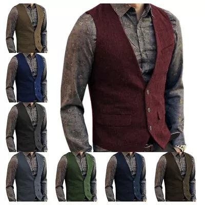 Mens Vintage Tweed Waistcoats Casual Classic Vests Groom Bestman Formal Wedding • $44.54