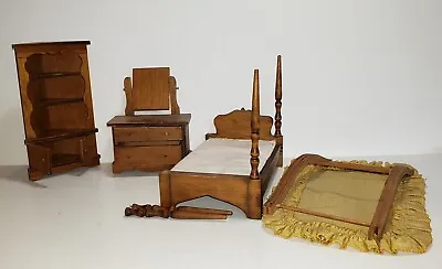 Vntg Hall's Lifetime Toys - Wooden Doll Furniture Canopy Bed Dresser Cupboard • $75