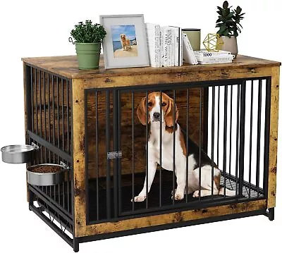 Wooden Dog Crate Furniture W/ 2 Bowls Large Dog Cage End Table Indoor Dog Kennel • $169.89