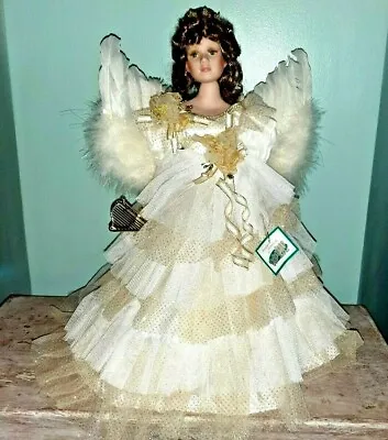 16  Porcelain Angel Doll Collections Etc Brunette Hair Stand Lace Feather Wings • $39.07