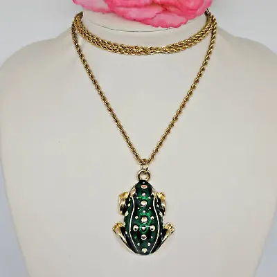 MONET Gold Tone Rope Chain With Green Enamel Frog Pendant Necklace • $22.95