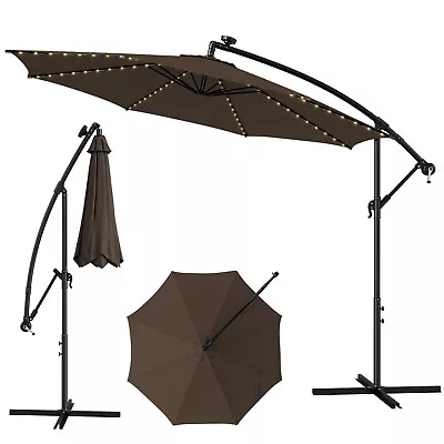 3M Patio Solar-Lighted Parasol 112 LED Cantilever Offset Umbrella Crank Tilt • £89.95