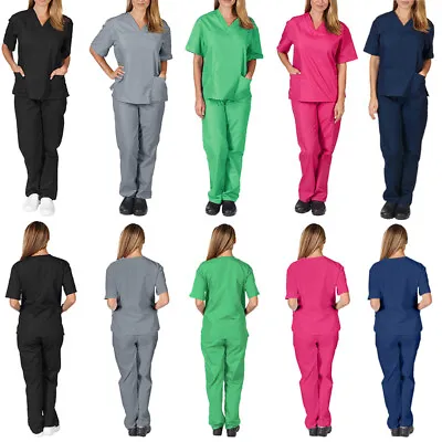 2Pcs Unisex Medical Doctor Nursing Scrub Set Top Long Pants Hospital Uniform UK • £12.83