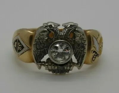Antique 14K Gold 32nd Degree Double Headed Eagle W/ Diamond Masonic Ring Sz 9 • $1018.35