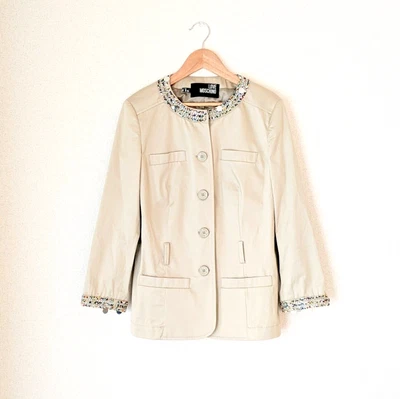$144.79 • Buy Love Moschino Collarless Jacket Size 8/40 Beige Beads Decoration Made In Italy
