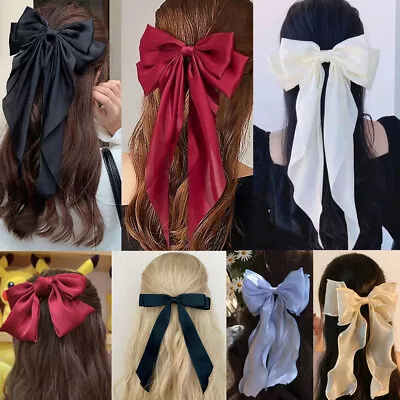 Women Large Bow Ribbon Barrettes Steel Hairpin Satin Hair Clip Hair Accessories • £2.99