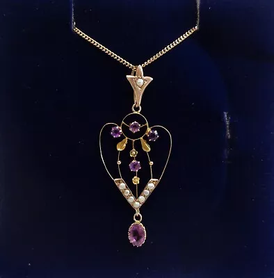 Edwardian Amethyst And Seedpearl Pendant 9ct Yellow Gold - Chain 22 Inch • £225