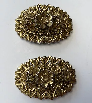 Antique Pair Shoe Clips Gold Toned Oval Art Nouveau Floral Design 2” Marked USA • $18