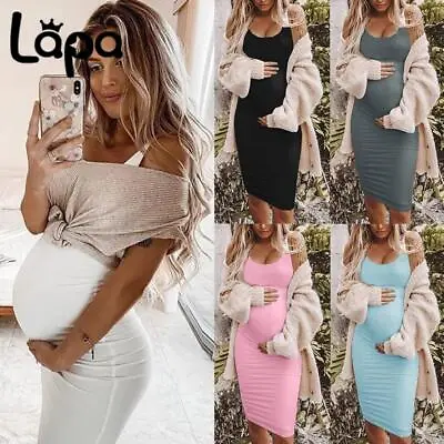 Pregnancy Womens Maternity Midi Dress Summer Sleeveless Bodycon Vest Sun Dresses • £13.89