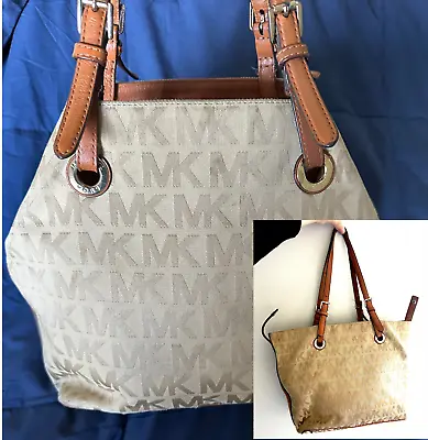 Michael Kors Tote Bag Beige Jacquard Brown Leather Gold Hardware Jet Set Authent • $35