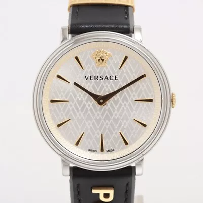 Versace V Circle SSx Leather QZ Silver Dial • $239.20