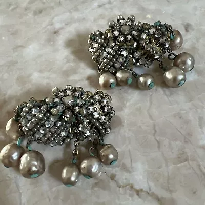 VTG Miriam Haskell Baroque Pearl & Rose Montee Rhinestone Earrings - AS IS- READ • $75