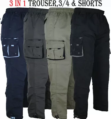 Mens 3 IN 1 Combat Trousers Cargo Pants Shorts 3/4 Zip Off Light S-XXL Summer • £6.99