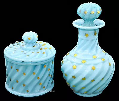 Portieux Vallerysthal French Blue Opaline Glass Swirl Vanity Set With Gold Star • $189.99