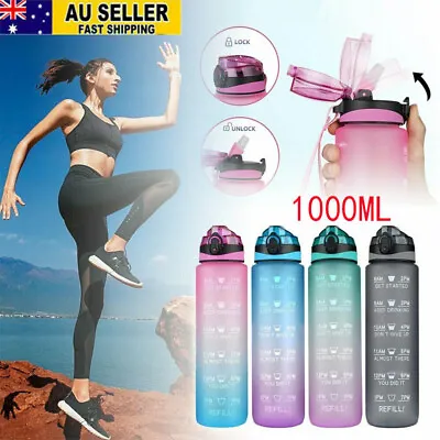 1L Water Bottle Motivational Drink Flask With Time Markings BPA Free Sport Gym • $4.96