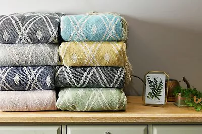 £9.99 • Buy 100% Cotton Woven Diamond Geometric Scandi Sofa / Bed Throw In 7 Colours 2 Sizes