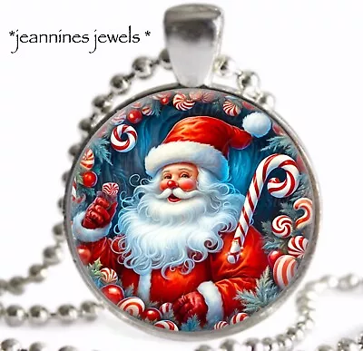 Candy Cane Peppermint Santa Claus NECKLACE  CHRISTMAS Jewelry Silver Pendant • $21.99