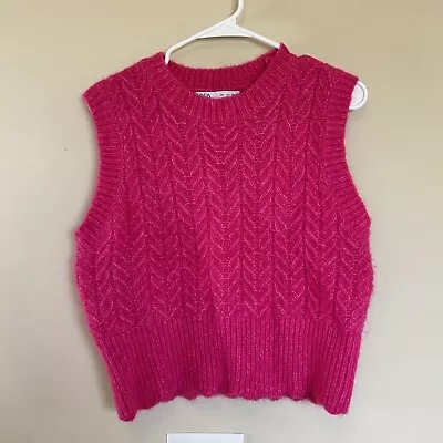 Zara Women Chunky Knit Vest Pullover Crop Barbie Pink Size L Scalloped • $17.49