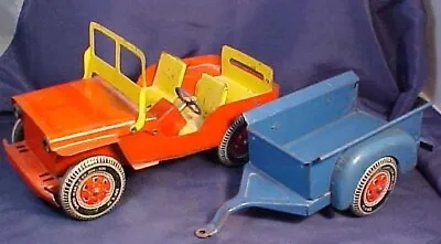 Vintage Louis Marx Willys Jeep With Trailer Metal Wheels Red Blue • $110